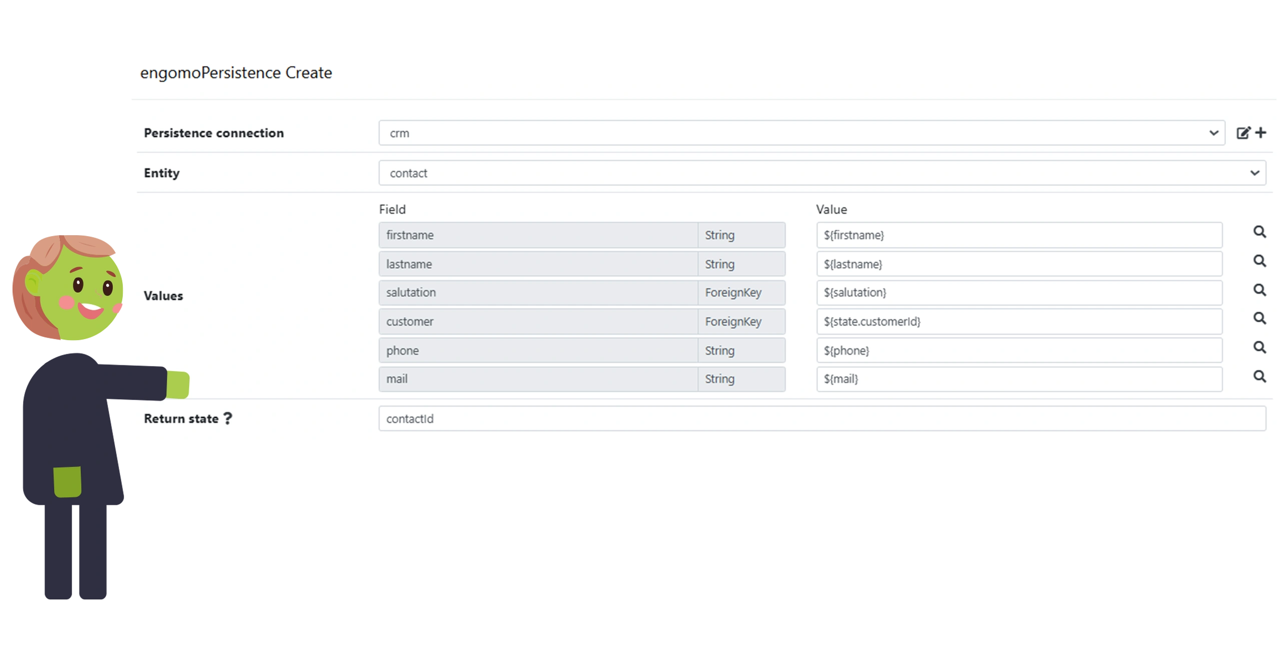 Das Bild zeigt einen Screenshot von engomo Persistence und wie diese in der Plattform umgesetzt wird. Es kann die Persistence Connection, Entities wie im Beispiel contact, Values wie Vorname, Nachname , Begrüßung und Return State zum beispiel ContactID gepflegt werden. Zusätzlich ist eine grüne Figur mit schwarzer Kleidung, lächelndem Gesicht und roten Backen zu sehen, die die KI-gestützte Erstellung von Datenstrukturen veranschaulichen soll.