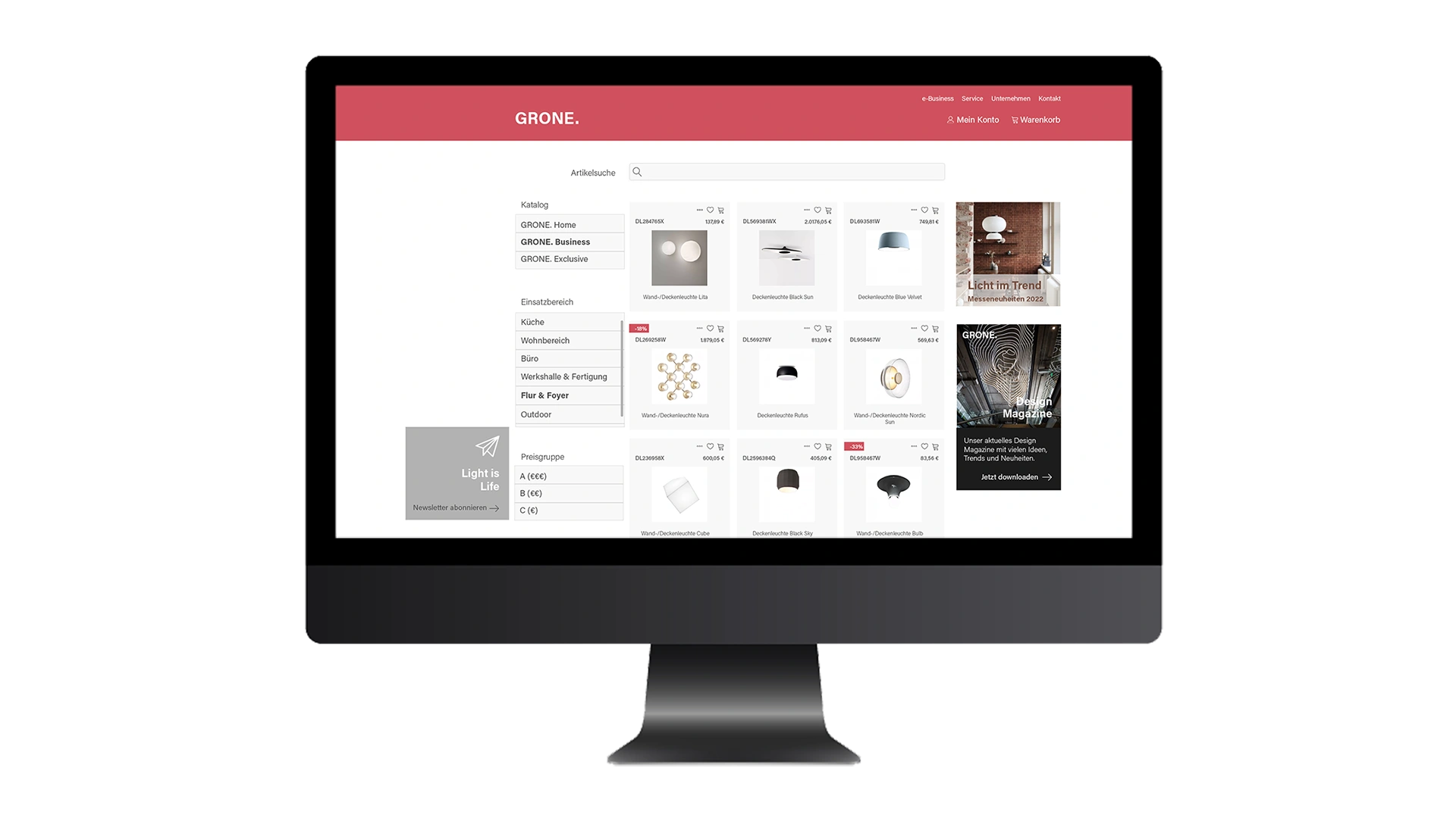 Desktop-Ansicht eines modernen Online-Shops der Marke GRONE mit Fokus auf Leuchten. Der Bildschirm zeigt eine Produktübersicht mit Bildern, Preisen und Filtermöglichkeiten nach Katalog, Einsatzbereich und Preisgruppe. Rechts sind Werbebanner zu aktuellen Themen wie „Licht im Trend“ und „Design Magazine“ sichtbar.