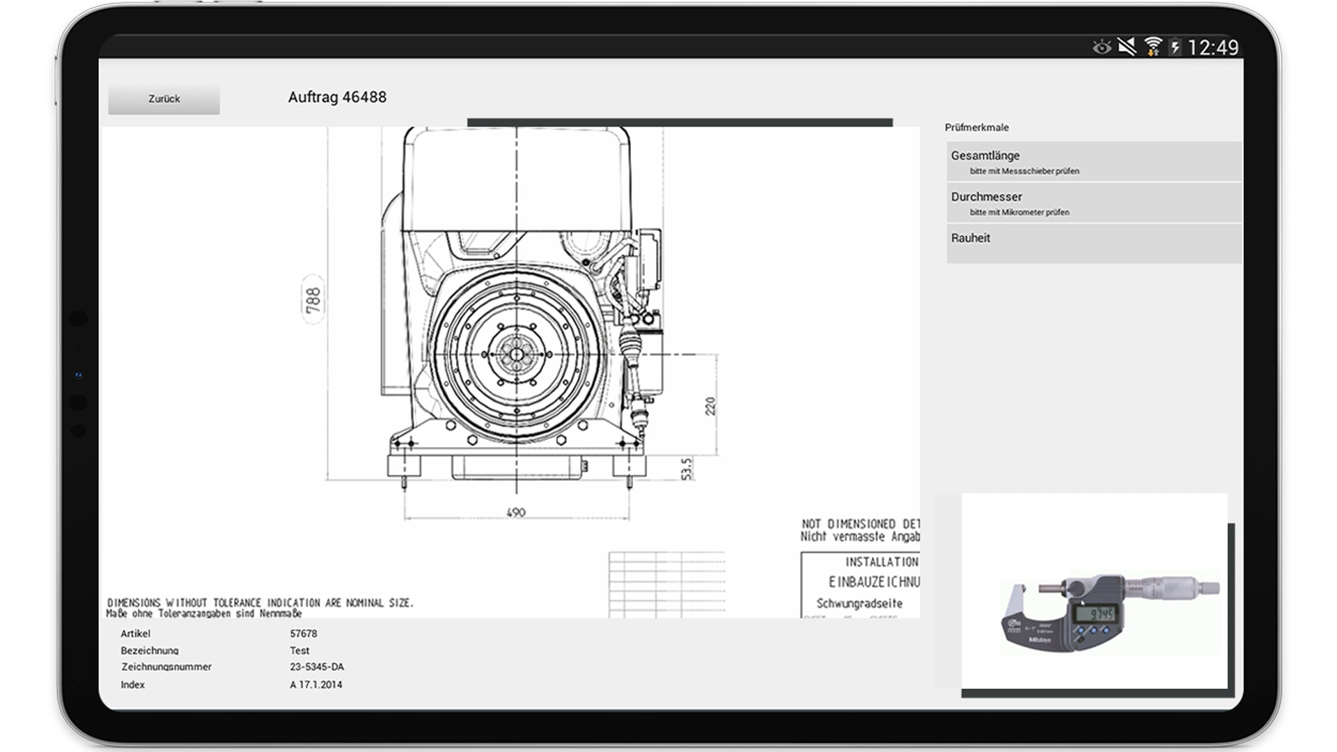 Tablet view of a technical drawing in the engomo app – shows a component with dimensions, a list of inspection features (total length, diameter, roughness), and an image of a micrometer for measurement.