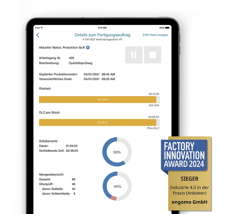 Mobile shop floor management app built with the engomo low-code platform showing real-time production data, KPIs and SAP-integrated manufacturing processes