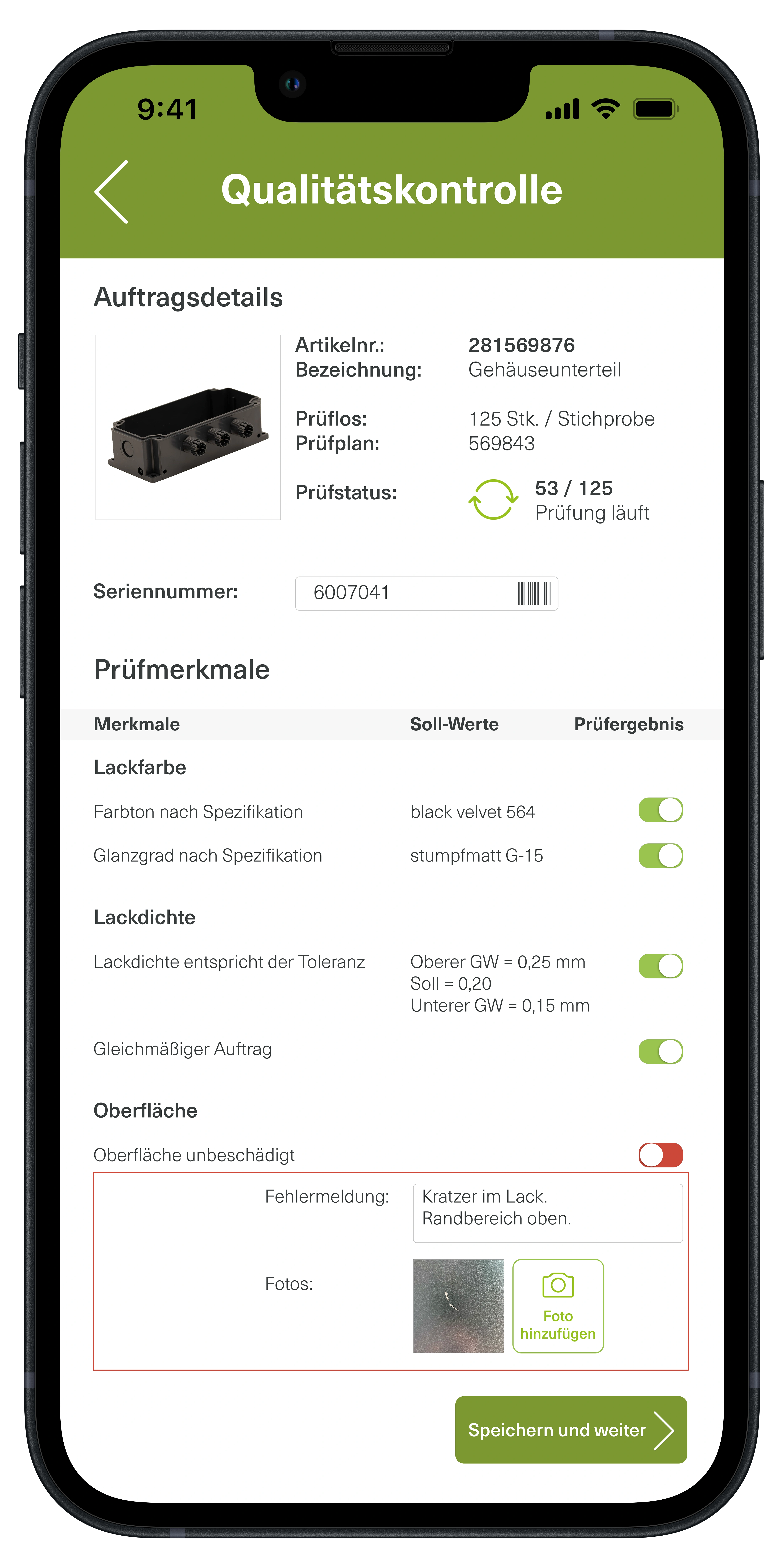 Mobile user interface for quality control in production – displays inspection details for a housing part, including test criteria such as paint color, coating thickness, and surface defects with photo documentation and status display.