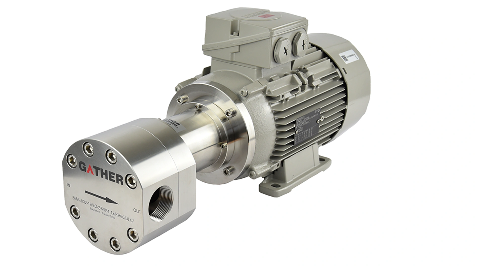 Industrial pump by GATHER – stainless steel construction with electric drive, designed for precise dosing and transfer of liquids in industrial applications.