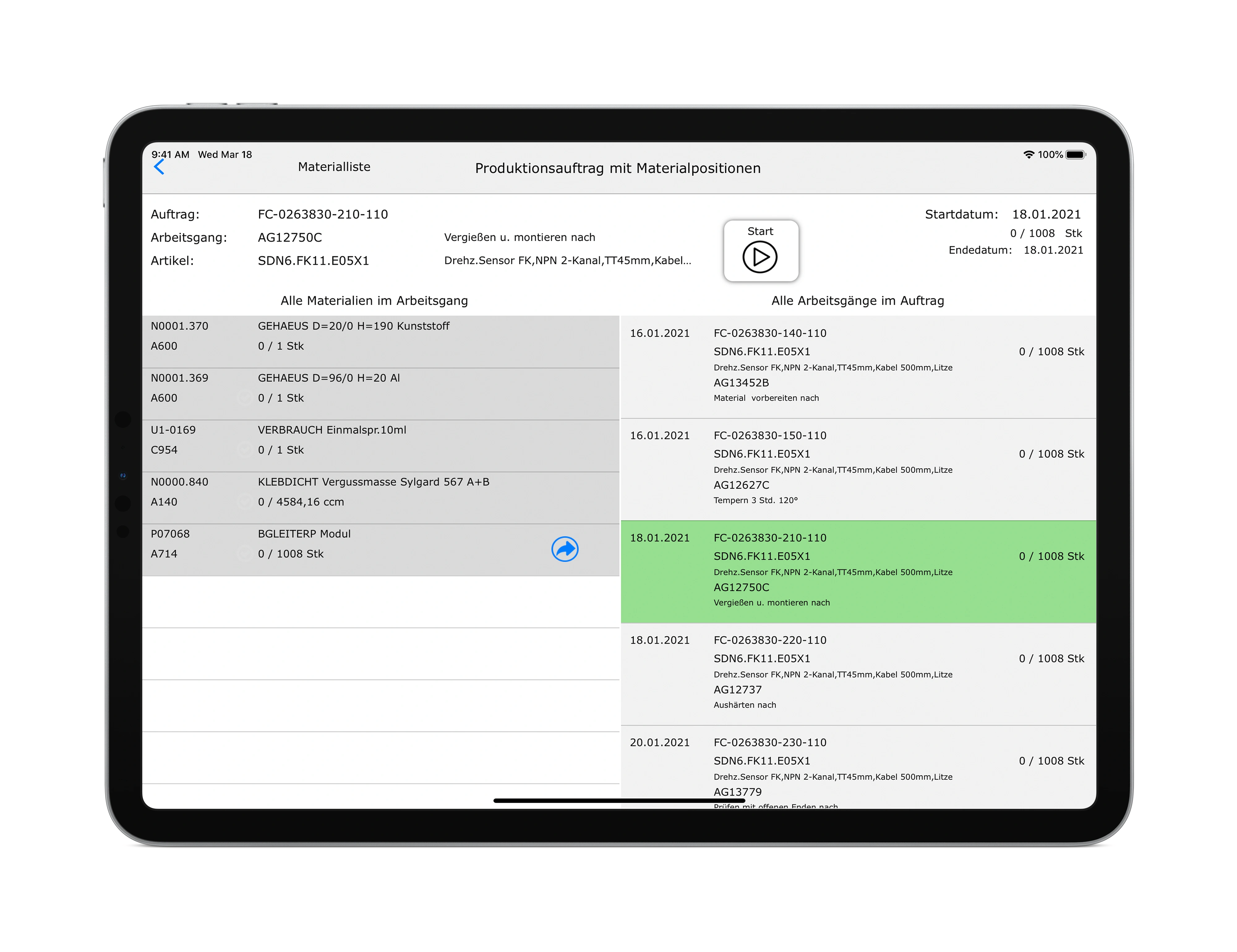 Tablet-Ansicht einer mobilen BDE-App auf Basis von engomo und Comarch ERP Enterprise zur digitalen Erfassung von Produktionsdaten und Chargen