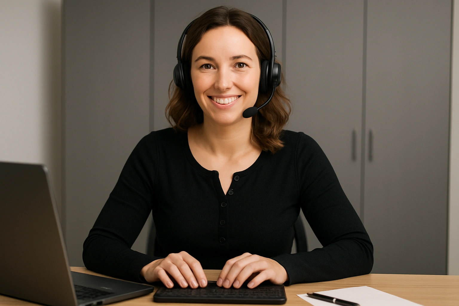 The image shows a sales executive with brown hair and a headset. She is smiling and typing on her keyboard. The image was generated by AI.