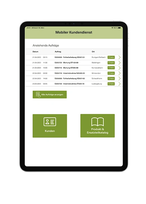 Tablet displaying engomo’s mobile field service app. The screen shows a list of upcoming service tasks including date, order number, description, and location. Below are two large buttons for accessing customer information and the product & spare parts catalog. The user interface is styled in green and optimized for field service usage.