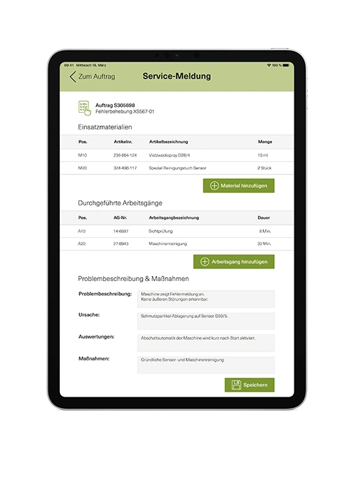 Tablet displaying a service report within an engomo app. The screen shows recorded materials used, executed work steps, and form fields for describing the problem, root cause, analysis, and corrective actions. The interface is clearly structured and optimized for mobile field service operations.