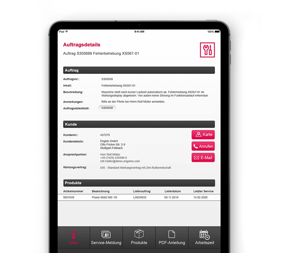 Tablet-Ansicht einer Abas ERP Sales App mit Auftragsdetails, Kundendaten, Produktübersicht und Kommunikationsfunktionen für Vertrieb und Außendienst