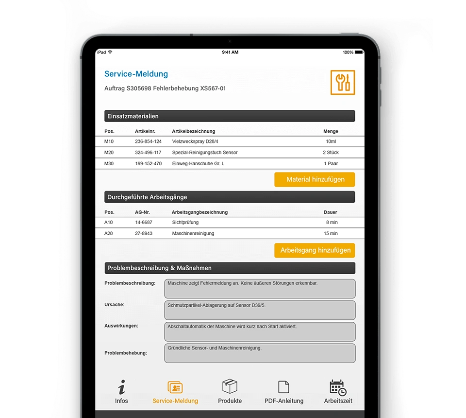 Mobile customer service app built with the engomo low-code platform showing SAP-integrated service orders, materials, work steps and on-site service reporting