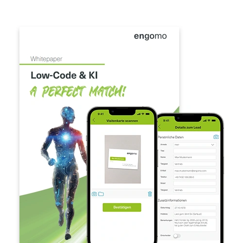 Vorschaubild für das Whitepaper mit dem Titel Low-Code und KI. Zudem sind zwei mobile Anwendungen zu sehen, mit Visitenkarten-Scan und Formularfunktion.