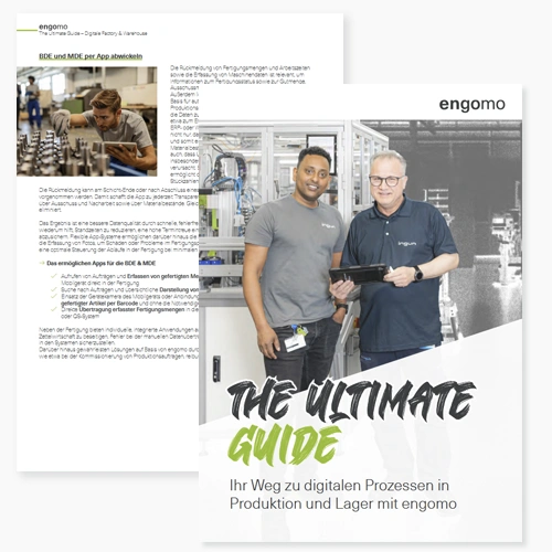 Titelblatt des „engomo Ultimate Guide: Industrie 4.0“ mit zwei Mitarbeitenden in einer Produktionsumgebung sowie ein Einblick in eine Innenseite mit einem Anwendungsbeispiel aus der Fertigung.