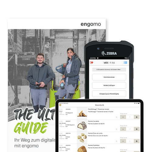 Cover of the engomo guide on digital warehouse logistics, showing tablet, handheld, and wearable app screens – featuring solutions for picking and warehouse management.