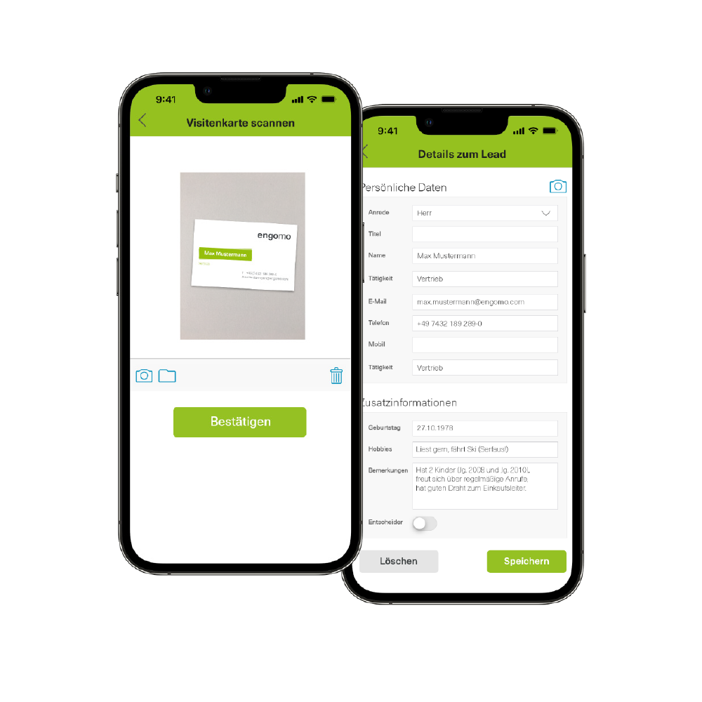 Two mobile applications: The first screenshot shows a business card being scanned, the second displays the automatic extraction of contact details and enrichment of a lead. Additional information can be added via a form.