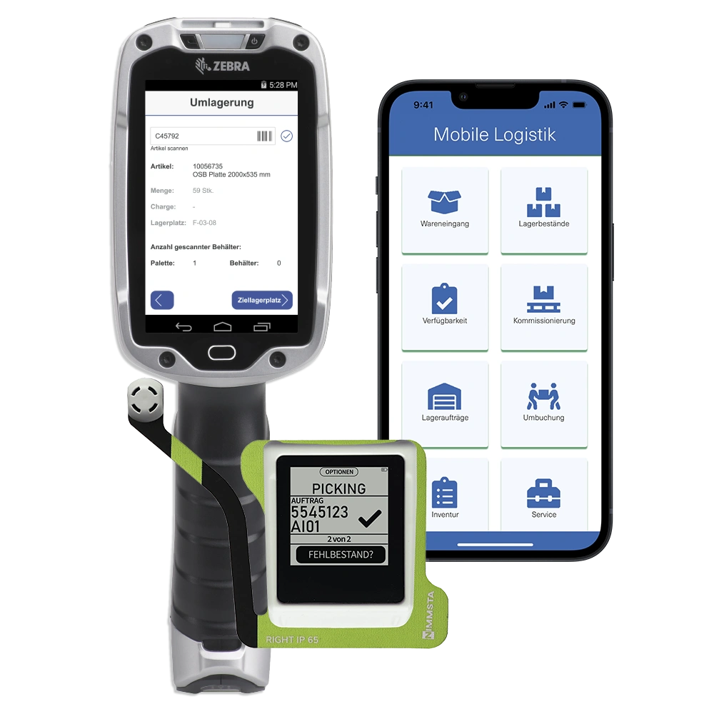 Darstellung dreier mobiler Endgeräte mit engomo-Anwendungen für die Logistik: Ein mobiler Handscanner zeigt die Umlagerungsfunktion, ein Smartphone die App-Oberfläche für mobile Logistikprozesse wie Kommissionierung, Wareneingang und Bestandsführung. Ergänzt wird das Setup durch eine Industrial Smart Watch mit Pick-Anweisung – ideal für den flexiblen Einsatz im Lager.