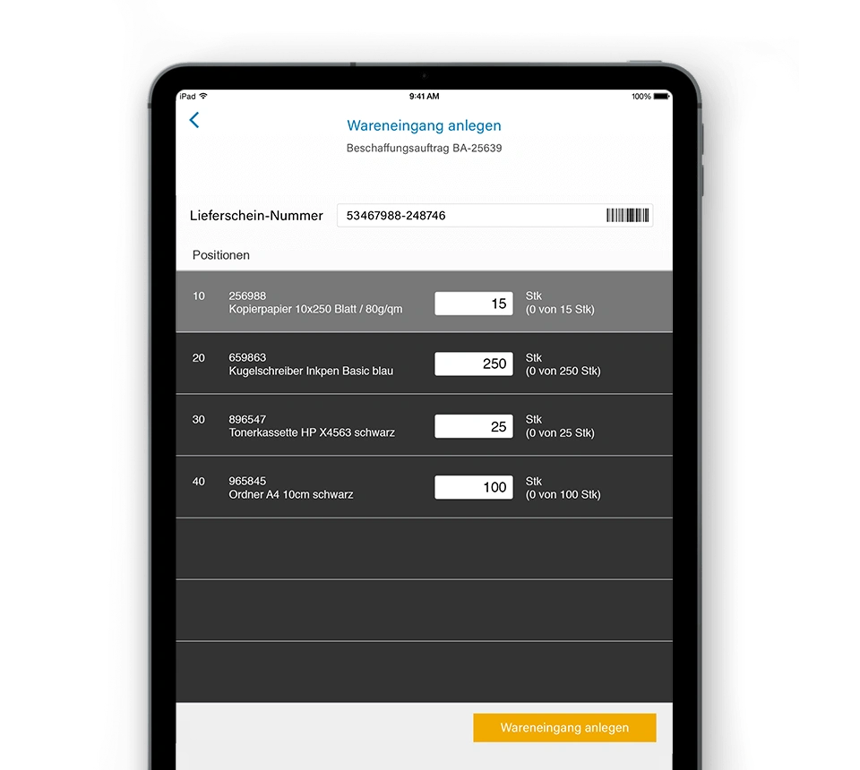 Mobile warehouse and logistics app built with the engomo low-code platform showing SAP-integrated goods receipt, barcode scanning and real-time inventory processes