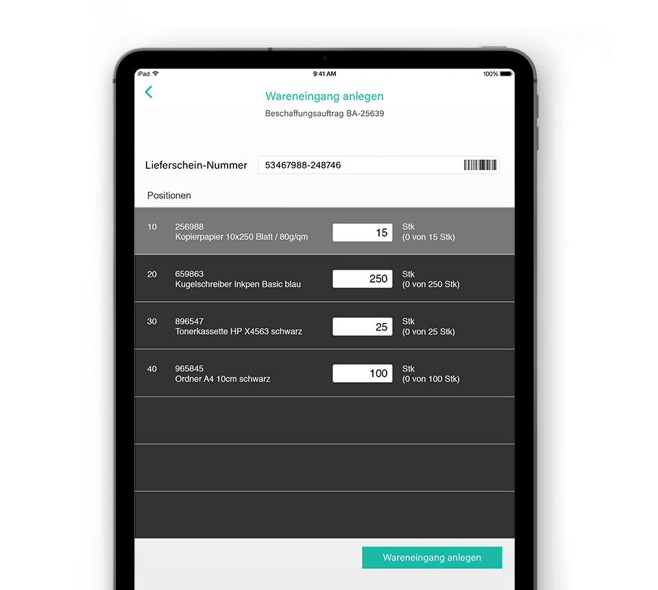Kombination aus Tablet- und Handheld-Gerät mit Abas ERP Apps, die Kundeninformationen, Fertigungsaufträge und mobile Datenerfassung im Shopfloor- und Logistikumfeld anzeigen