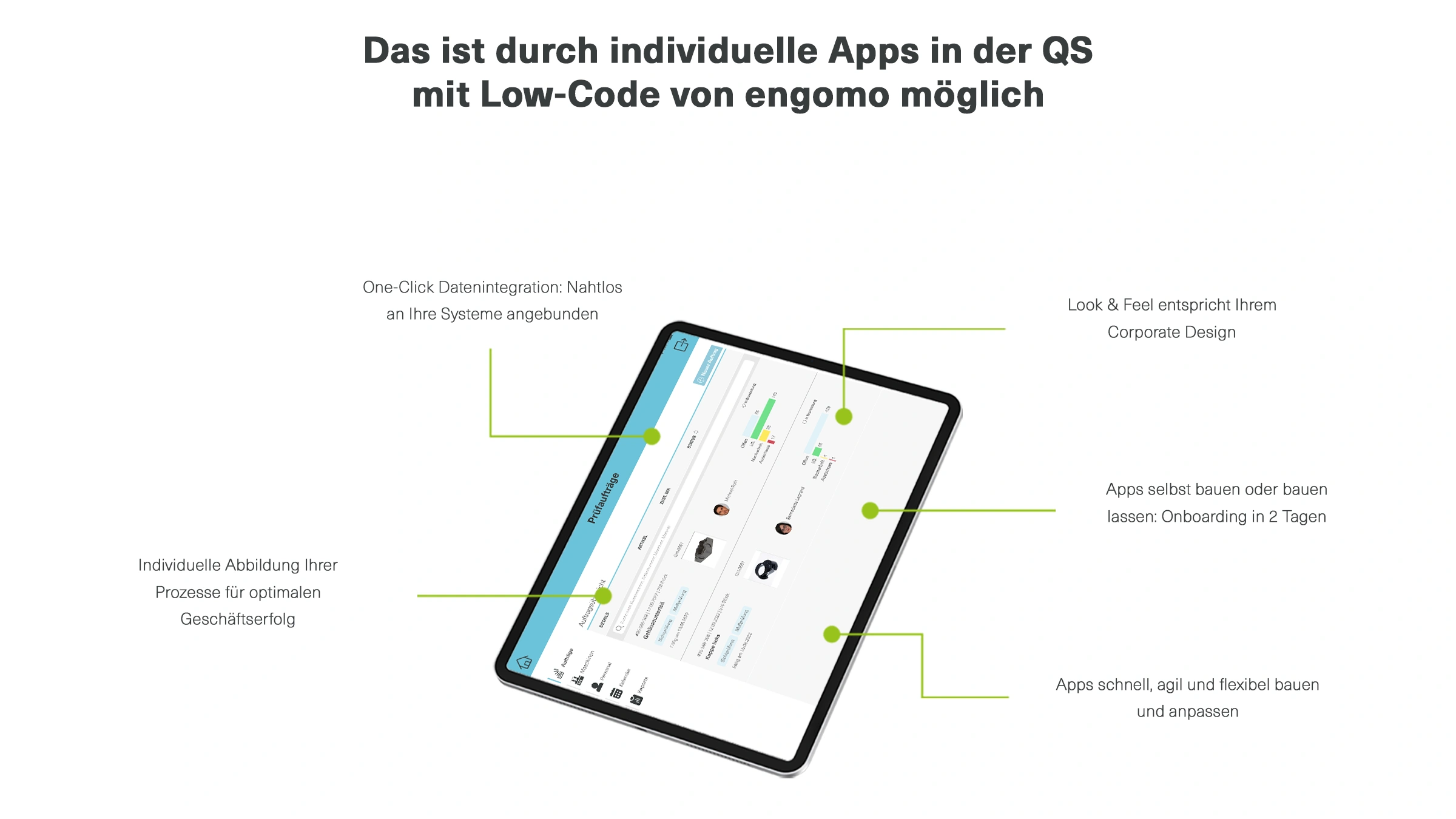 Tablet mit QS-App von engomo – veranschaulicht Funktionen wie One-Click-Datenintegration, individuelle Prozessabbildung, Corporate-Design-konformes UI, schnelle Anpassung sowie App-Erstellung innerhalb von zwei Tagen.