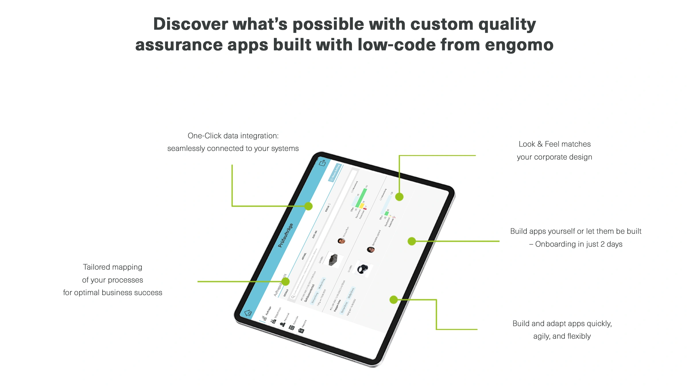 Tablet with engomo’s QA app – highlights features like one-click data integration, custom process mapping, corporate design-aligned UI, rapid customization, and app creation within two days.