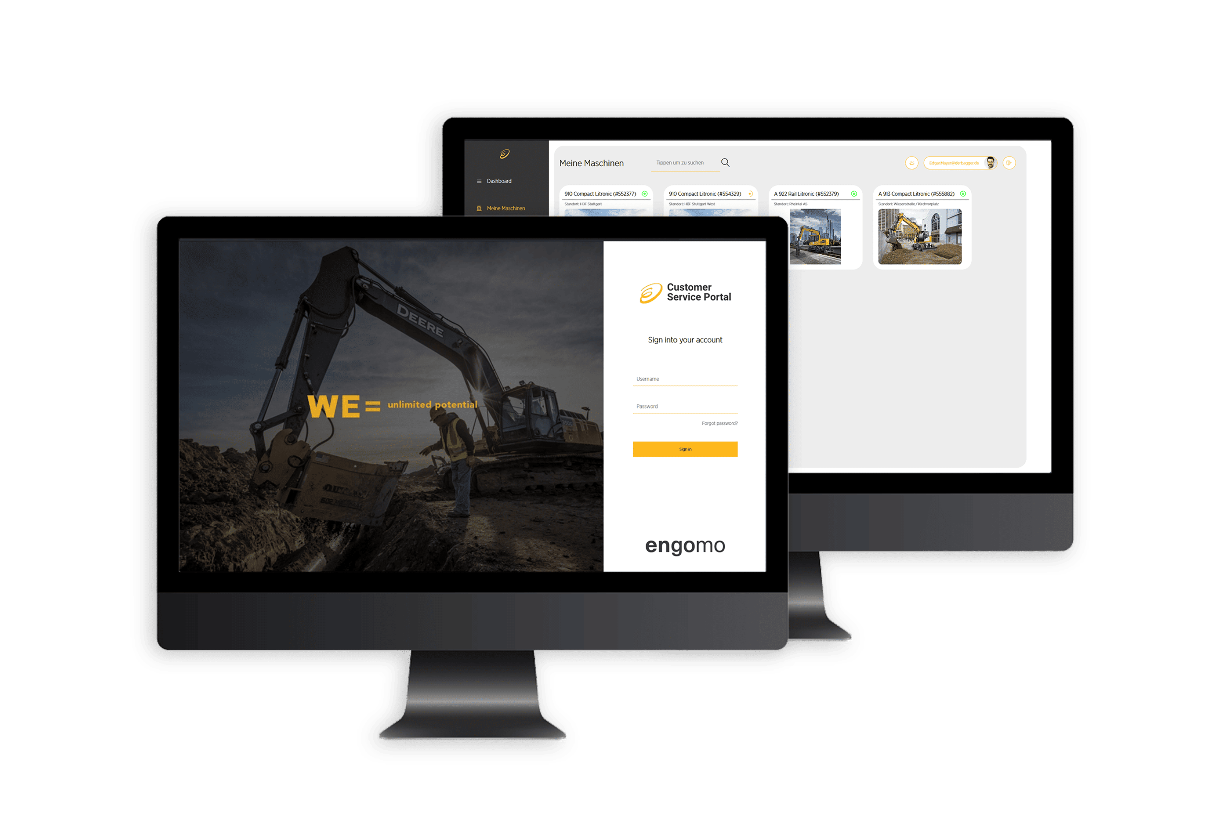 Two monitors displaying the web application of the engomo Customer Service Portal. The front screen shows the login page with an excavator image and the slogan 'WE = unlimited potential', while the back screen displays the portal dashboard with an overview of machines.