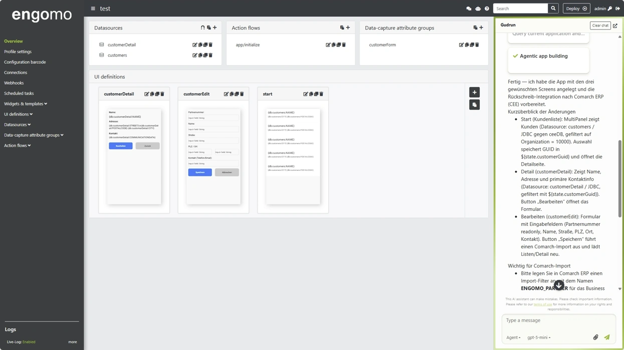 Screenshot of the engomo platform showing AI Copilot and agentic AI features for building SAP-integrated UIs, workflows and backend logic