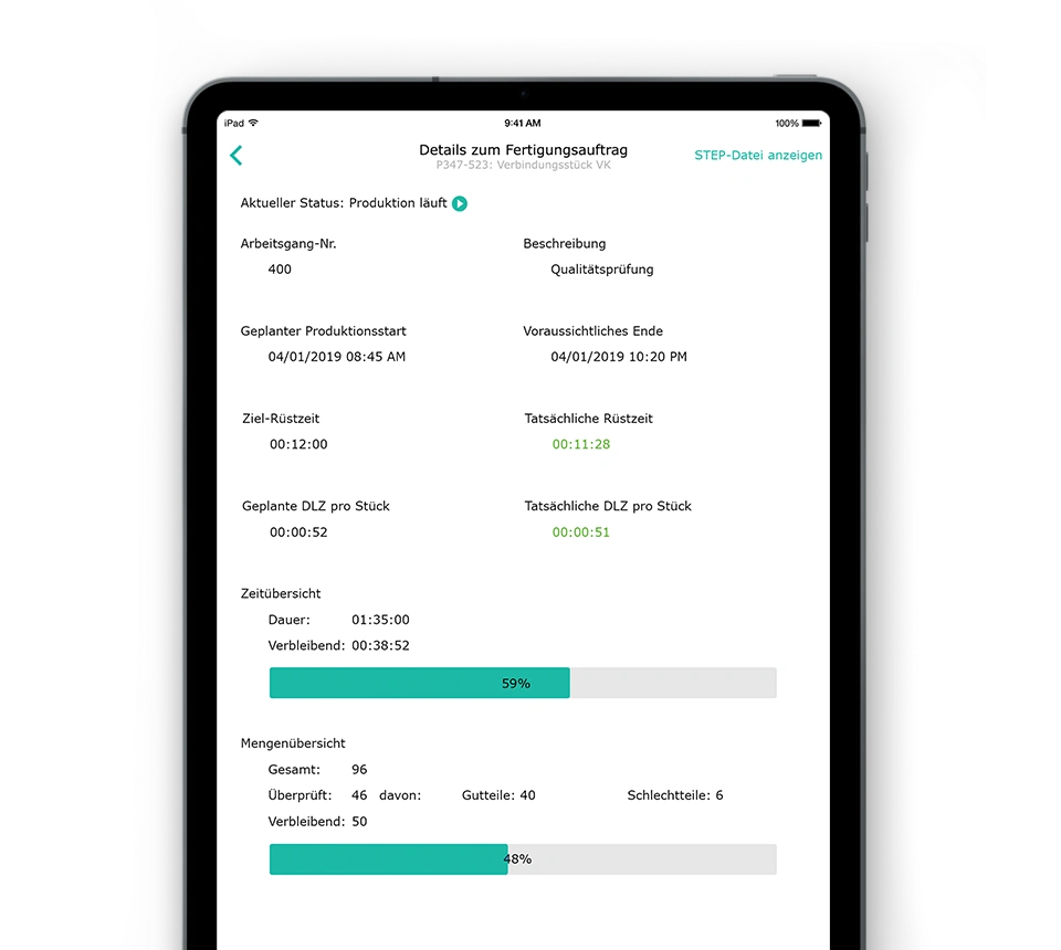 Tablet-Ansicht einer Abas ERP Shopfloor App mit Details zu einem Fertigungsauftrag, Produktionsstatus, Zeiten, Fortschrittsbalken und Qualitätskennzahlen