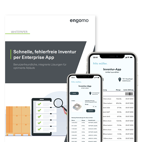 Titelbild des engomo-Whitepapers zur Inventur-App – mit Smartphone-Screens zur digitalen Erfassung und Kontrolle von Lagerbeständen.