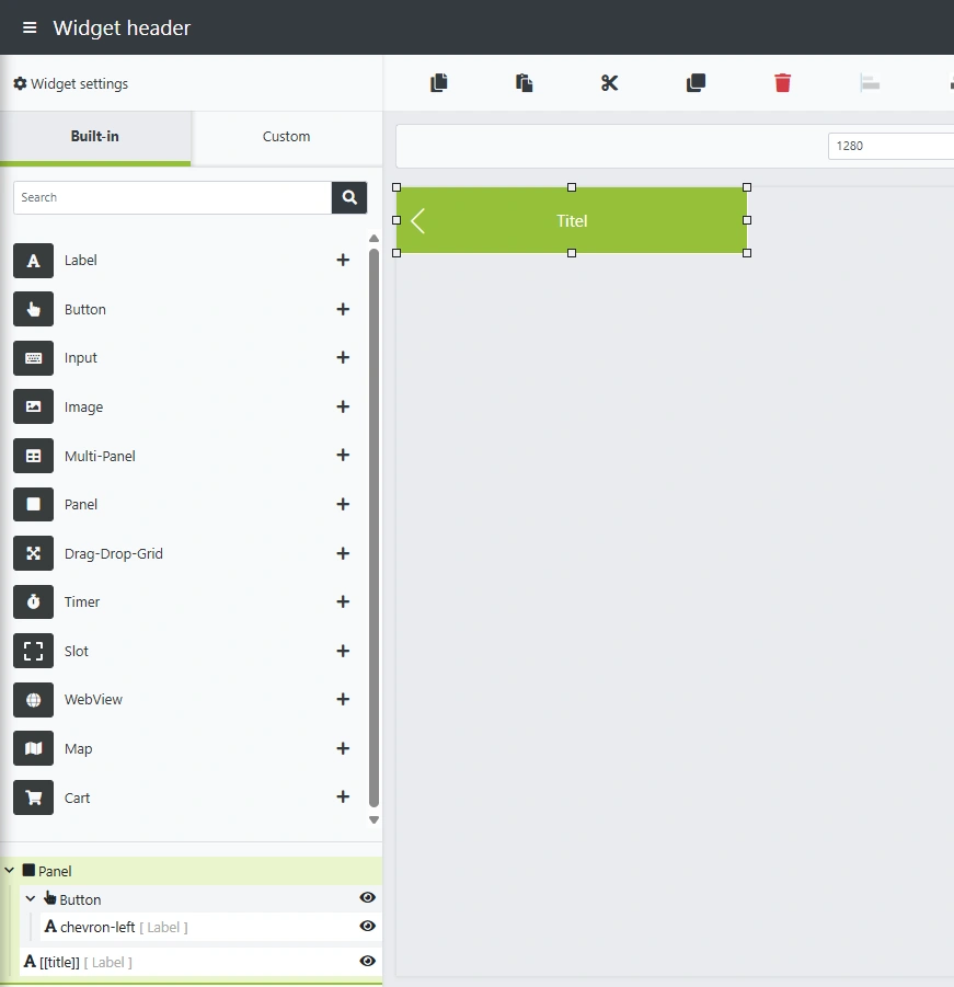 The image shows screenshot demonstrating how a widget is created in engomo: a header element is built using drag and drop in the Composer and then saved as a widget.