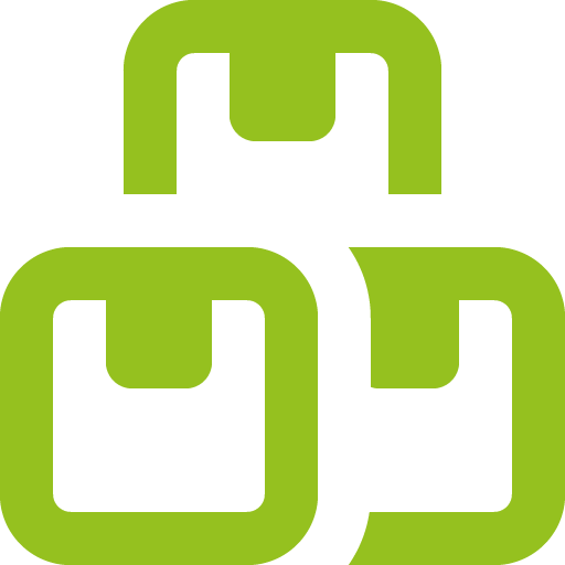 Green warehouse icon representing warehouse management, material flow, and logistics processes.