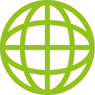 Icon of a globe – stylized representation for web access, global reach, or internet connectivity in green outline.