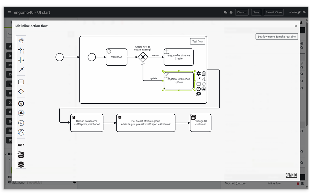 Screenshot from the engomoComposer showing a BPMN-based process flow – visual modeling of execution logic using a drag-and-drop interface.