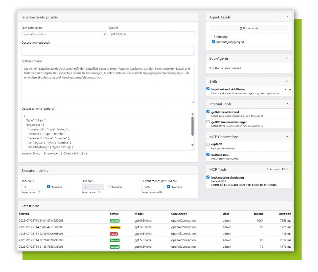 Screenshot of the engomo AI Agent Builder for configuring industrial AI agents with LLM selection, system prompts, enterprise knowledge, tools, MCP integrations, and governance settings.