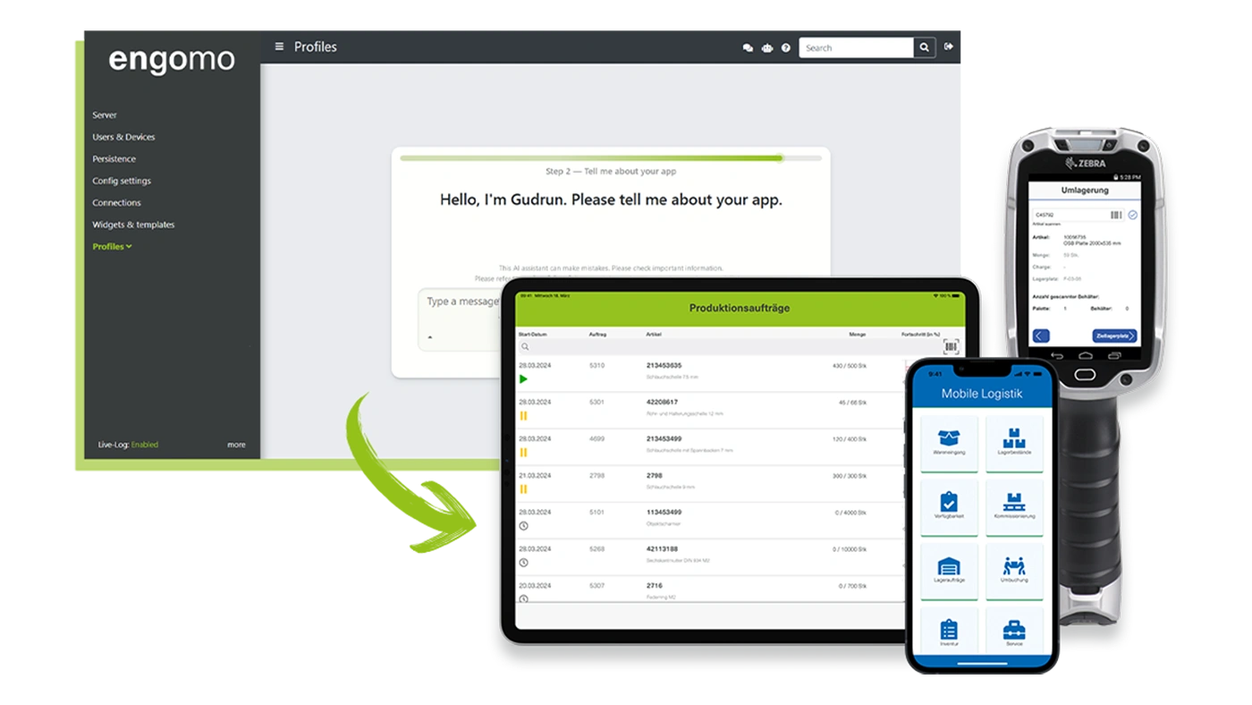 Screenshot of the engomo low-code platform with AI-powered app-building interface and mobile applications on tablet, smartphone, and industrial scanner for enterprise process digitalization.