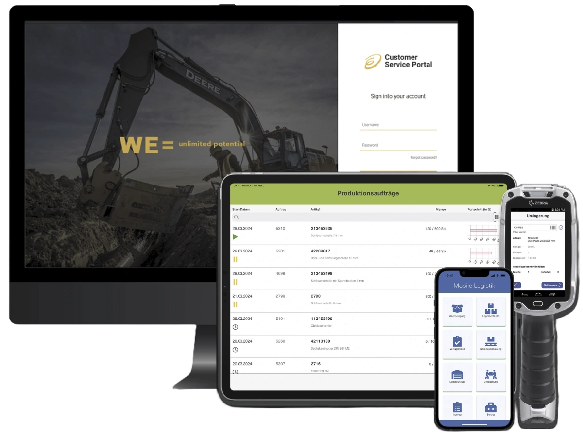 Overview of three devices running engomo low-code apps 