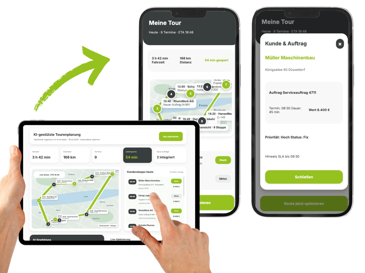 Graphic showing route planning on mobile devices using engomo
