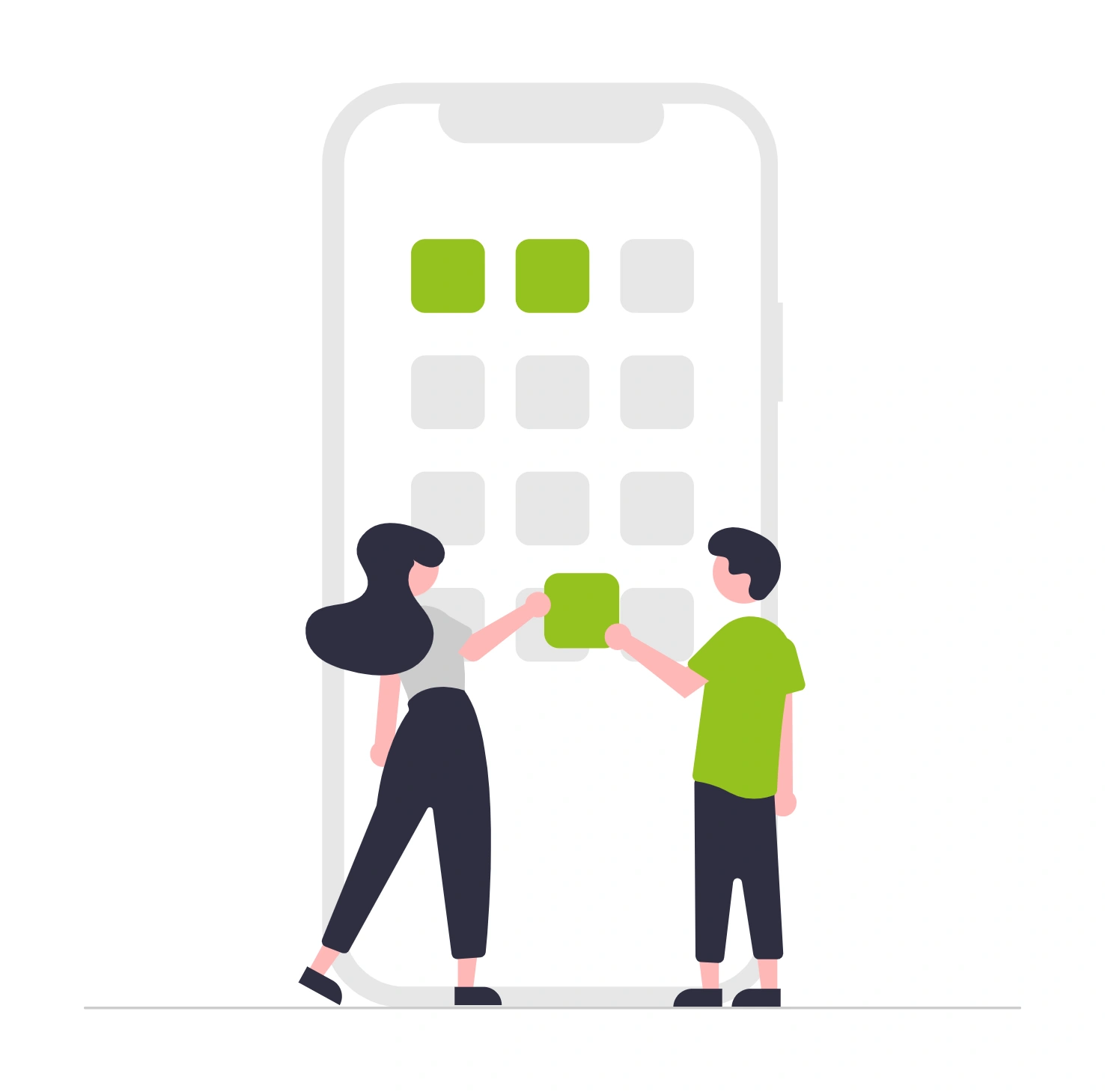 Illustration of two people jointly placing an app icon onto a large smartphone – symbolizing deployment of mobile applications.