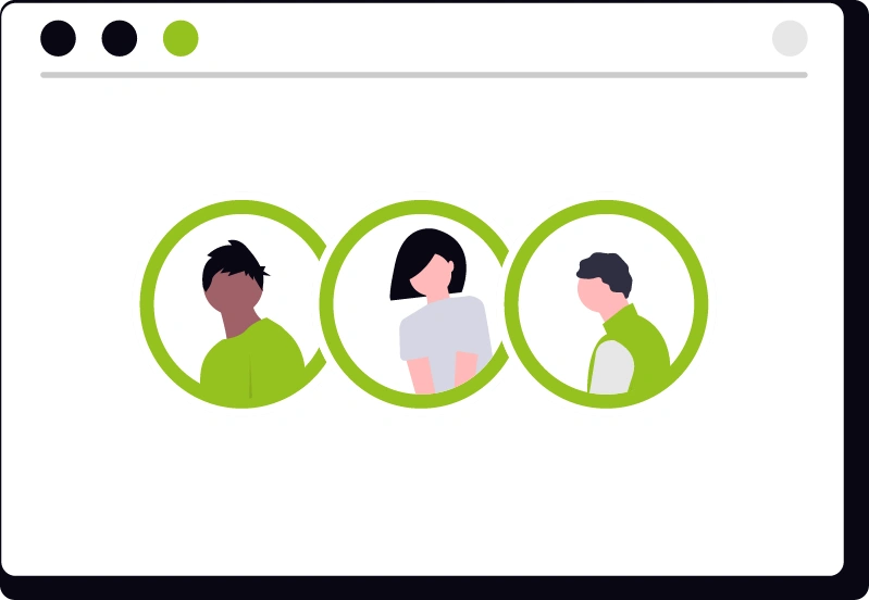 Illustration of a browser window with three people inside green circles – representing user management, teamwork, or collaborative work.