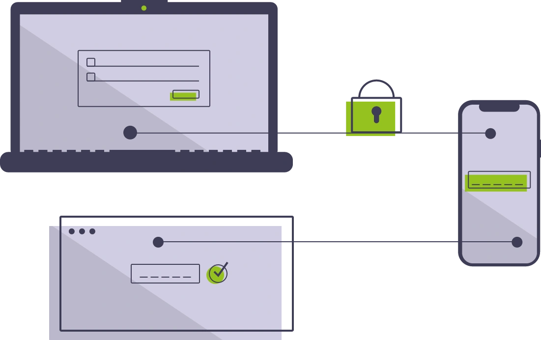 Illustration von Laptop, Smartphone und Login-Fenstern, verbunden durch ein grünes Schloss – symbolisiert sichere Authentifizierung und Login-Prozesse über mehrere Geräte hinweg.