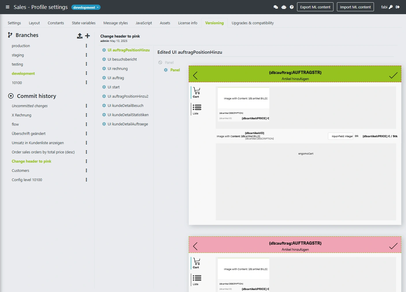 Screenshot der Versionsverwaltung im engomoComposer: Die UI-Datei ‚auftragPositionHinzu‘ wird im Branch ‚development‘ bearbeitet. Eine Änderung am UI-Header von Grün zu Rosa ist visuell dargestellt. Links sind weitere Branches, Commits und UI-Dateien aufgeführt.