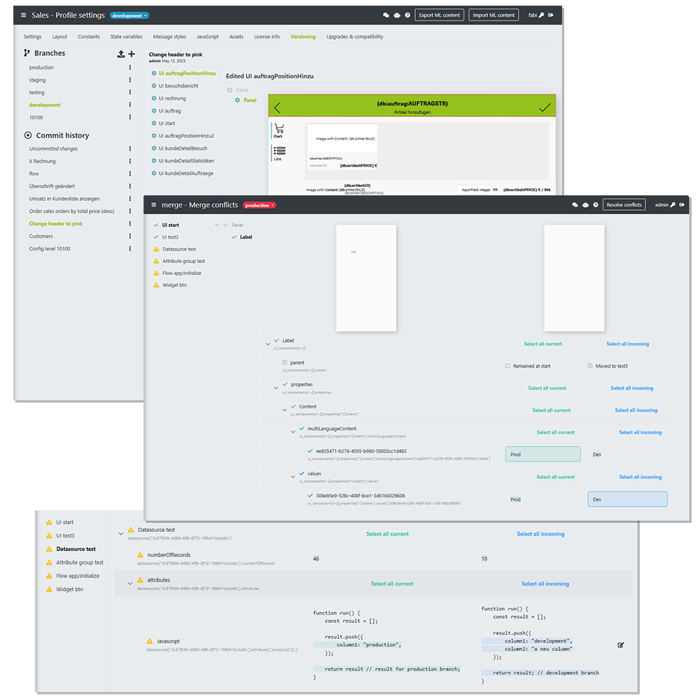 Screenshot of the engomo version management showing branches and merge conflict resolution; illustrates the structured management of changes in low-code applications.