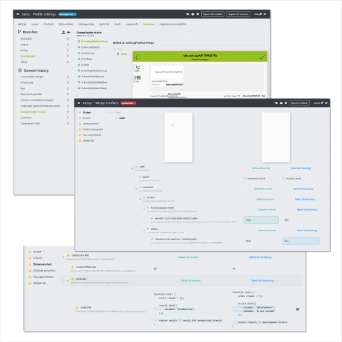 Screenshot of the engomo version management showing branches and merge conflict resolution; illustrates the structured management of changes in low-code applications.