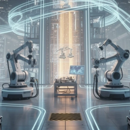 A futuristic high-tech manufacturing environment featuring two large industrial robots positioned opposite each other, working on components. In the center, there is a workstation with a monitor, surrounded by glowing, holographic-style data streams and digital displays. The setting appears modern and sterile, with glass display cases in the foreground and a spacious, light-filled industrial hall in the background.