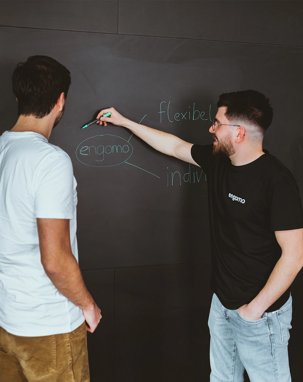 Two people seen from behind, sketching notes on a wall with a pen.