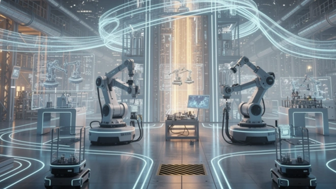 A futuristic high-tech manufacturing environment featuring two large industrial robots positioned opposite each other, working on components. In the center, there is a workstation with a monitor, surrounded by glowing, holographic-style data streams and digital displays. The setting appears modern and sterile, with glass display cases in the foreground and a spacious, light-filled industrial hall in the background.