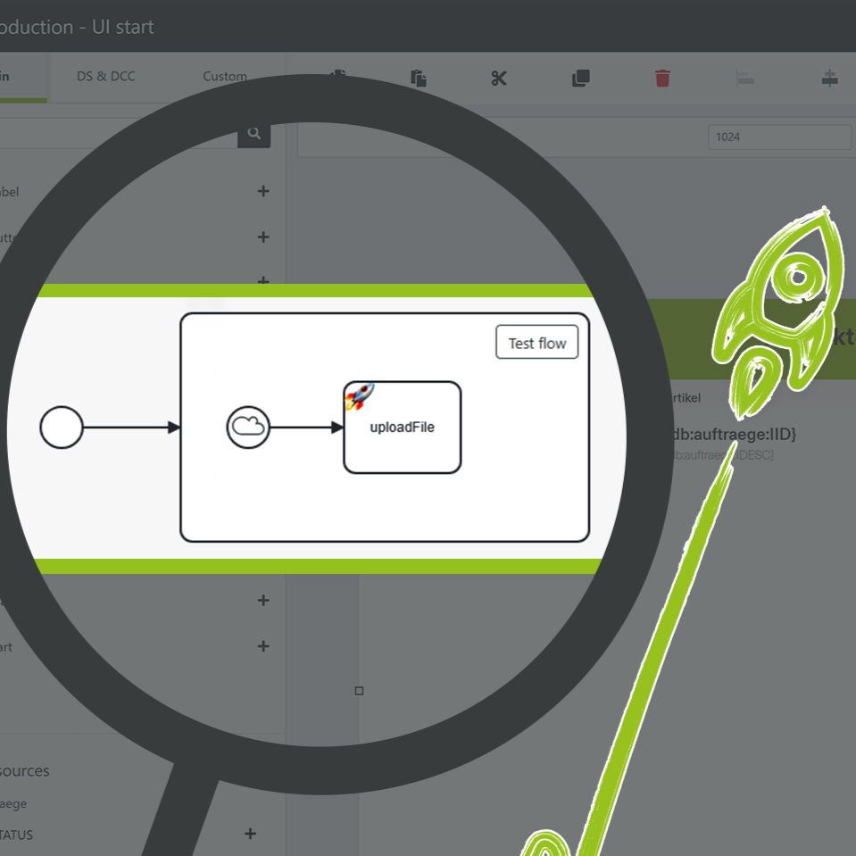 Visualization of a low-code plugin in the engomoComposer, magnified by a lens with a drawn rocket symbolizing rapid development.