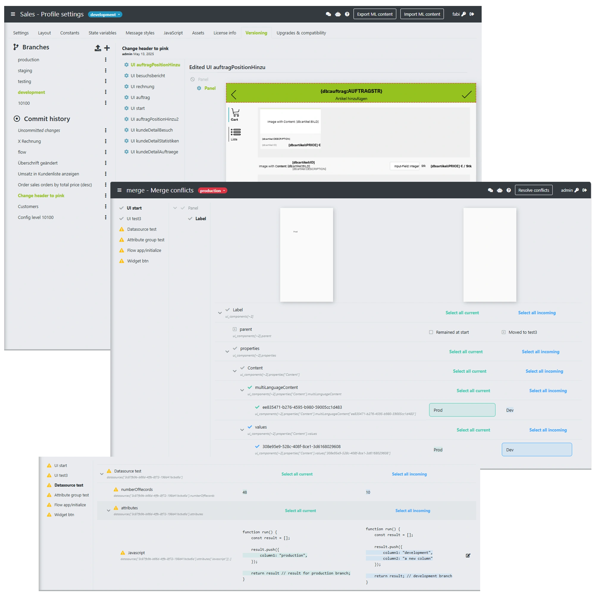 Screenshots from the engomoComposer showing version control and conflict management in low-code development workflows